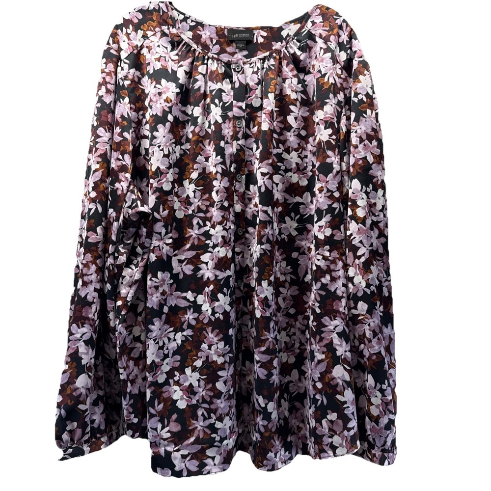 J Jill Wearever Top Blouse Size 3X Plus Pink Black Floral Long Sleeve Pullover
